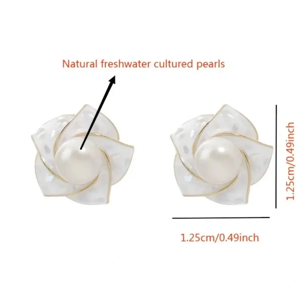 Cultured Pearl And Seashell 925 Camellia Stud Earrings - Picture 4 of 7
